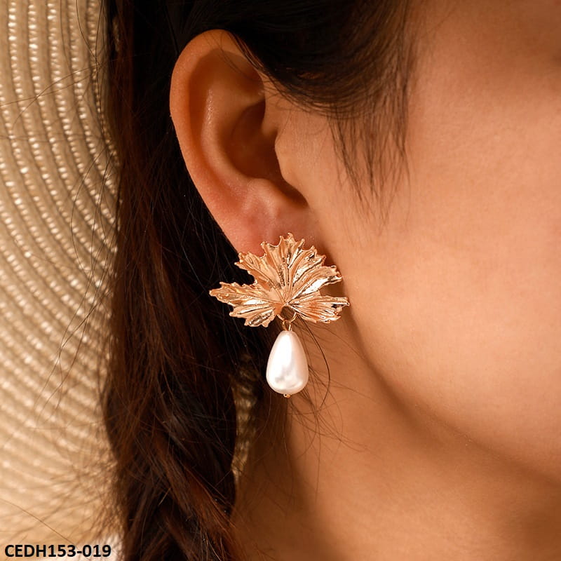 CEDH153 SDQ Leaf Pearl Drop Earrings Pair - CEDH