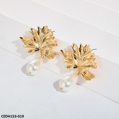 CEDH153 SDQ Leaf Pearl Drop Earrings Pair - CEDH