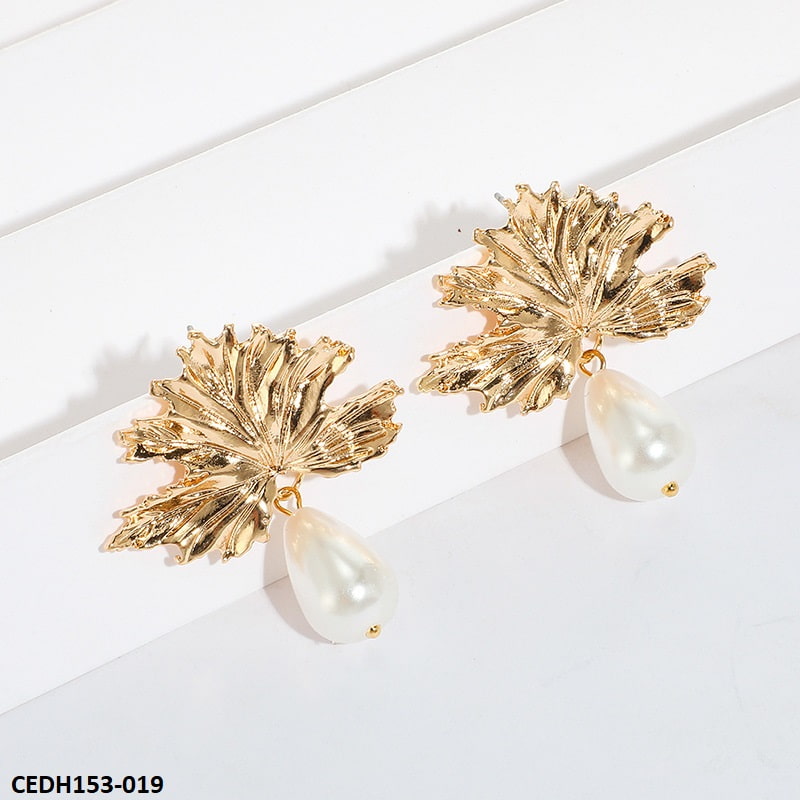 CEDH153 SDQ Leaf Pearl Drop Earrings Pair - CEDH