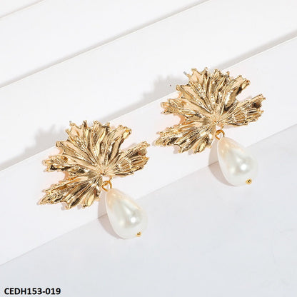 CEDH153 SDQ Leaf Pearl Drop Earrings Pair - CEDH