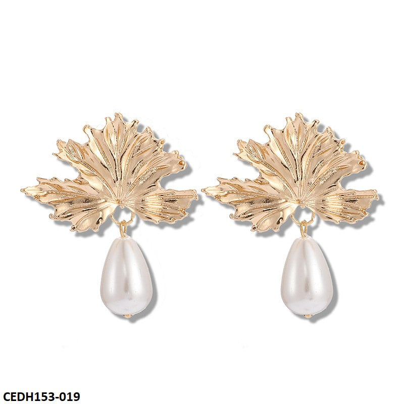 CEDH153 SDQ Leaf Pearl Drop Earrings Pair - CEDH